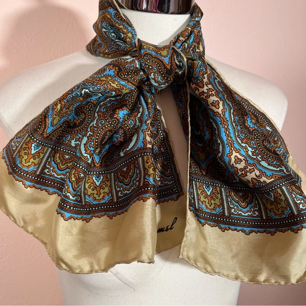 Vintage 1960 70 Burmel Mod Camel Brown blue Silk Made in Italy long Skinny Scarf